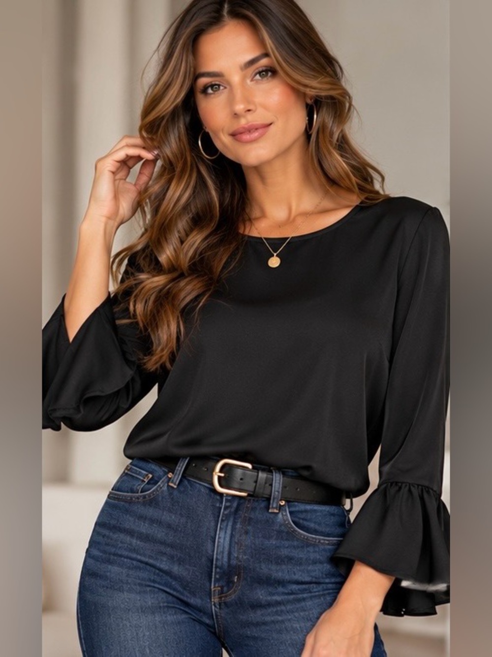 J. Crew Black Satin Blouse with Ruffled Bell Sleeves & Keyhole Back, Large